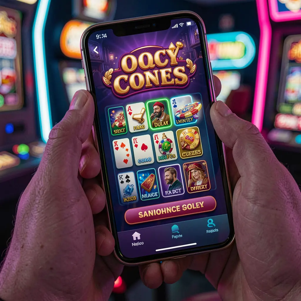 Close-up view of the DDDPH casino app on a smartphone showing colorful slot games with bright neon lights in a nighttime urban setting