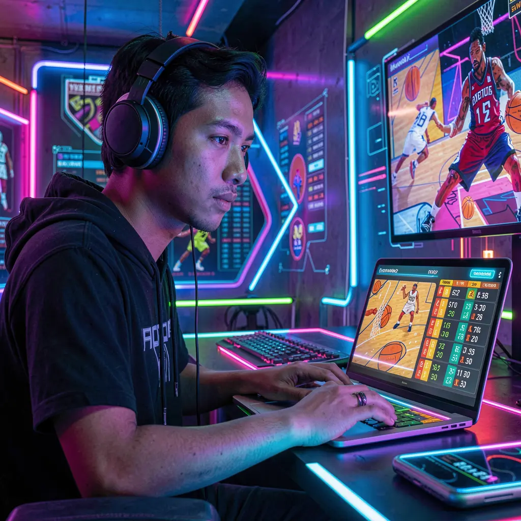 Focused Filipino sports bettor analyzing live basketball odds on a laptop with futuristic neon visuals while using the DDDPH betting platform