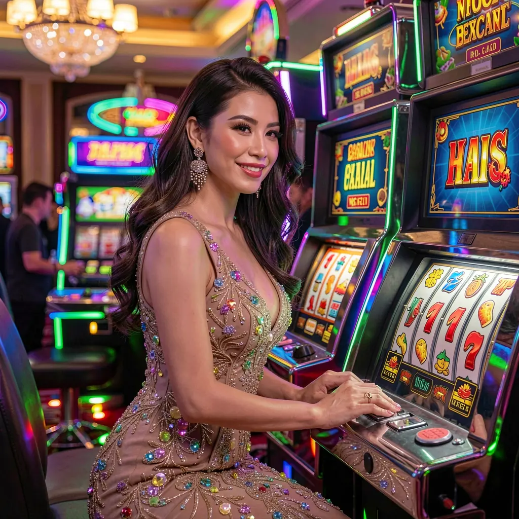 A confident woman in a glamorous blue outfit standing before vibrant casino slot machines with glowing lights representing the premium online casino DDDPH for players in the Philippines